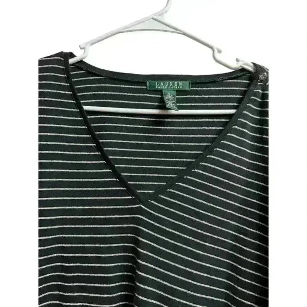 Lauren Ralph Lauren Blouse Black Silver Striped Metallic Button Knit Top Size XL - Picture 6 of 7